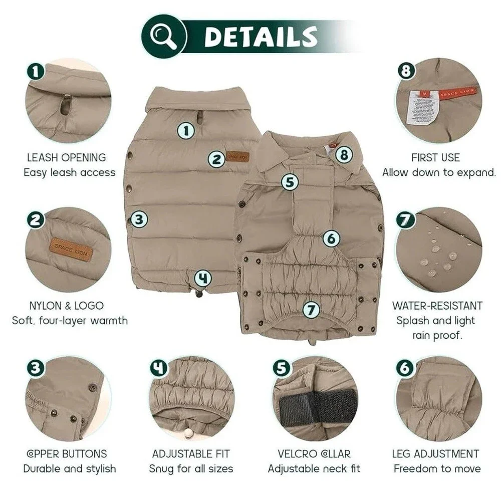 SPACE LION Dog Puffer Jacket Khaki Size 16/XL New With Tags